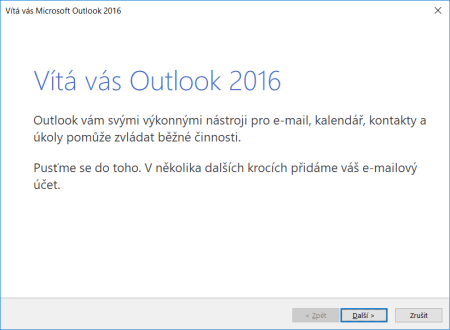Uvítací obrazovka při spuštění Outlooku